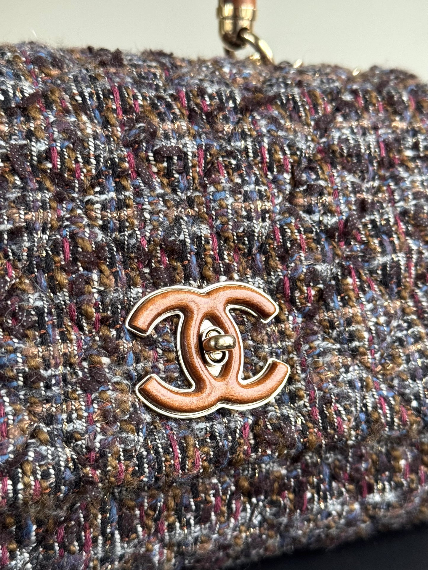 Pre-owned Chanel Knock On Wood Brown Tweed Top Handle Flap Bag