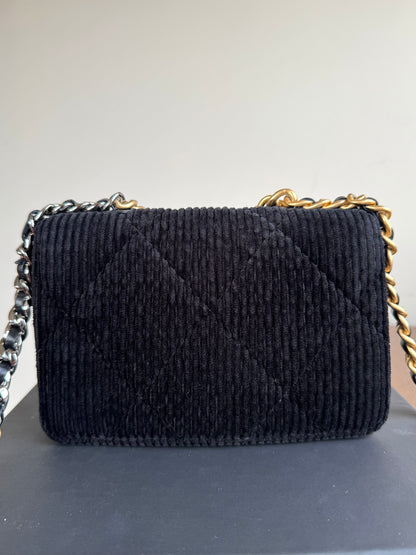 Pre-owned Chanel 19 Wallet On Chain Corduroy Black Bag