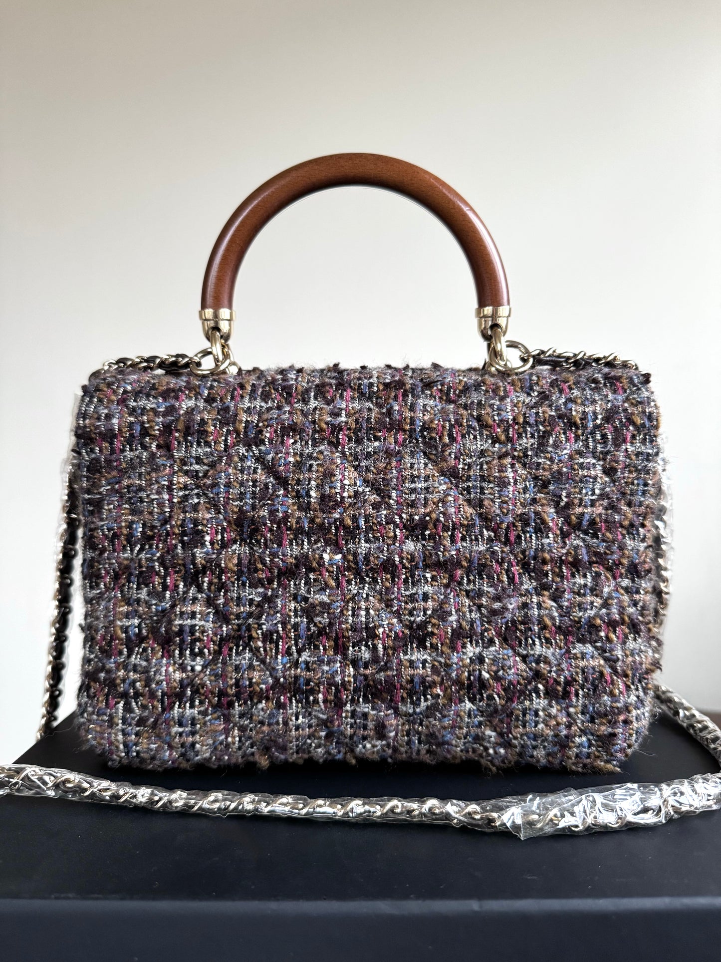 Pre-owned Chanel Knock On Wood Brown Tweed Top Handle Flap Bag