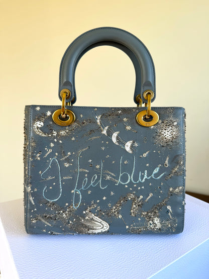 Pre-owned Dior Lady Dior Medium Grey Blue Embroidered Leather Bag