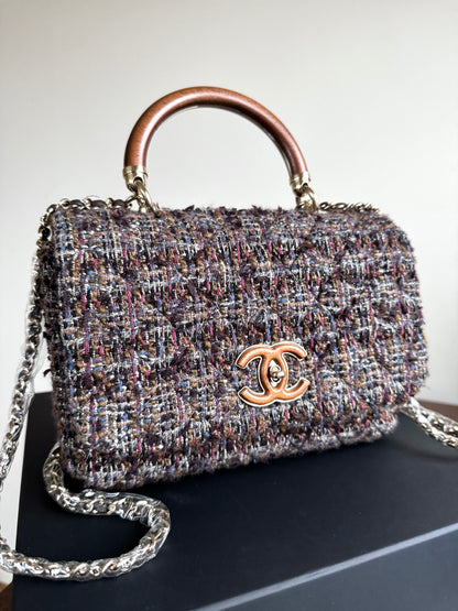 Pre-owned Chanel Knock On Wood Brown Tweed Top Handle Flap Bag
