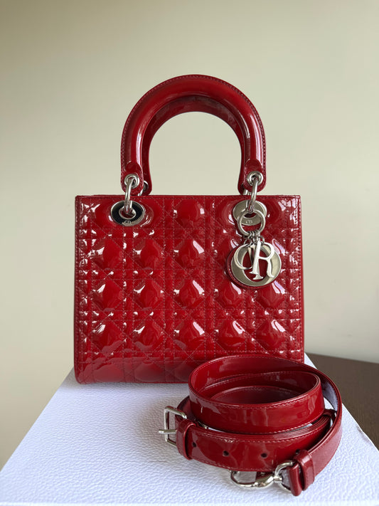 Pre-owned Dior Lady Dior Medium Burgundy Patent Leather Bag