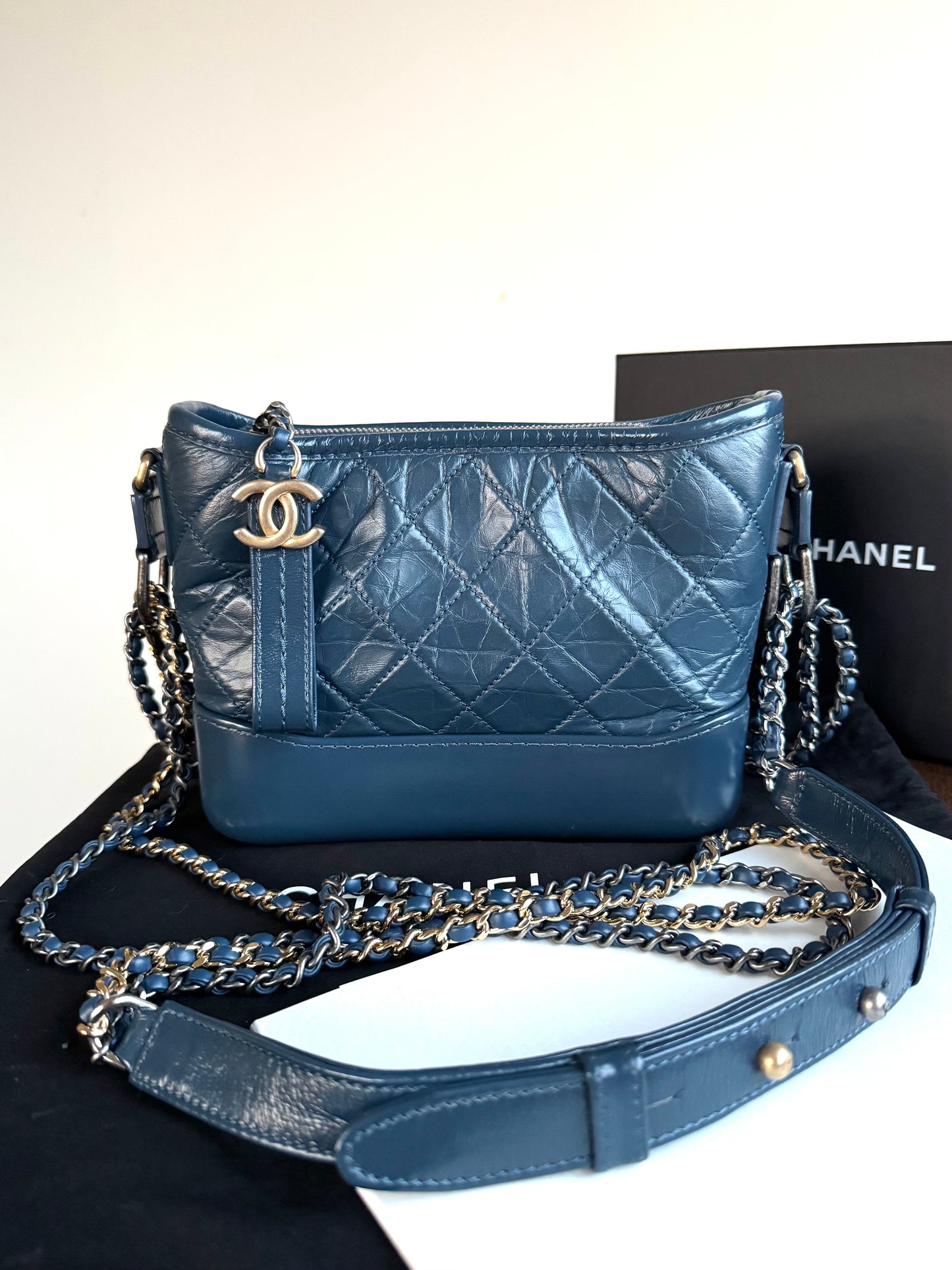 Pre-owned Chanel Gabrielle Small Marine Blue Leather Hobo Bag