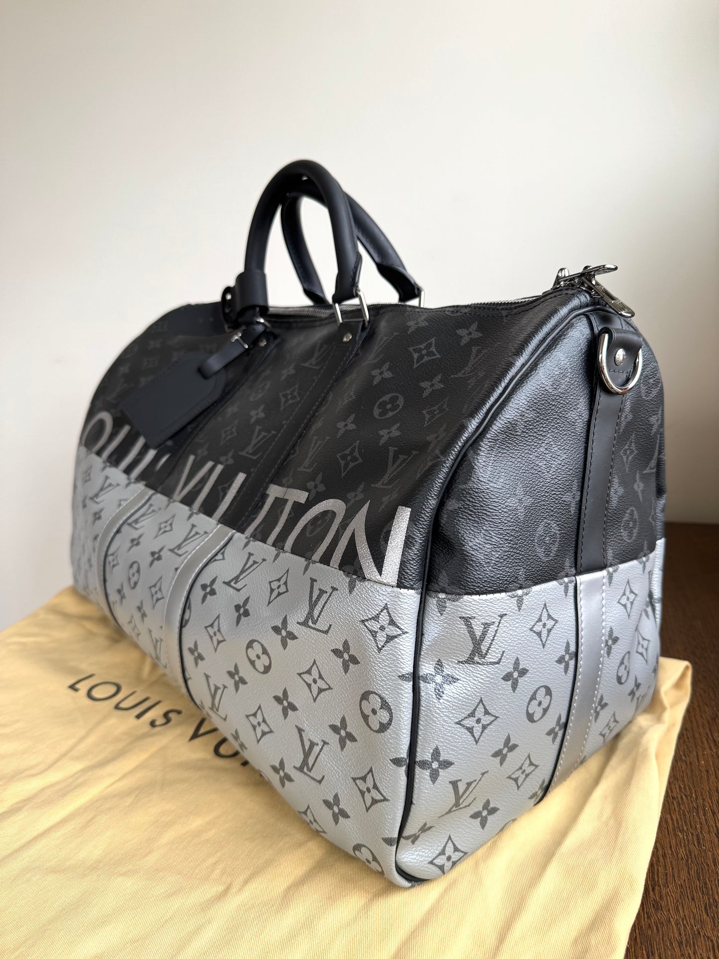 Pre-owned Louis Vuitton Keepall 50 Black Silver Eclipse Split Travel Bag