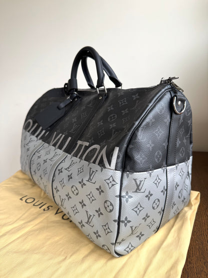 Pre-owned Louis Vuitton Keepall 50 Black Silver Eclipse Split Travel Bag