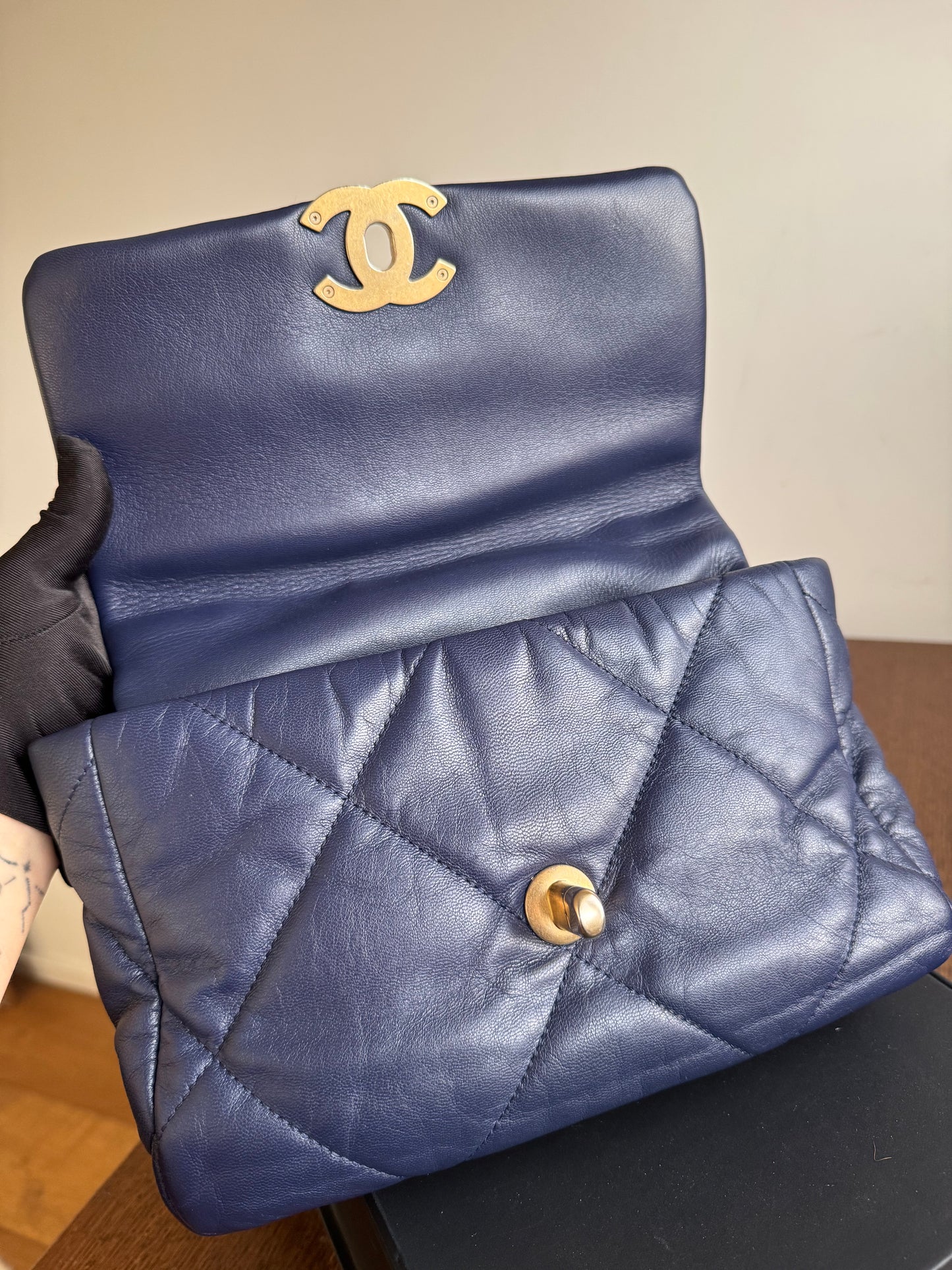 Pre-owned Chanel 19 Small Navy Lambskin Flap Bag