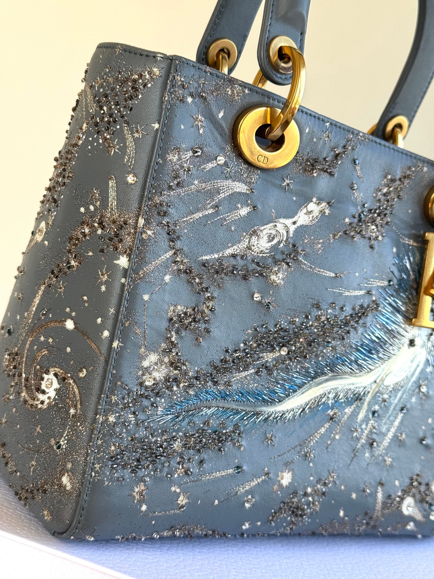 Pre-owned Dior Lady Dior Medium Grey Blue Embroidered Leather Bag
