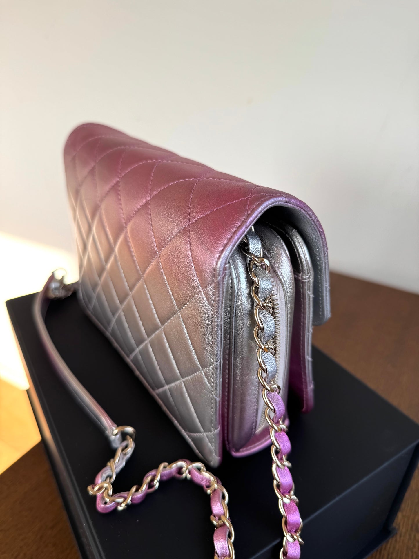 Pre-owned Chanel Like A Wallet Metallic Silver Pink Lambskin Flap Bag