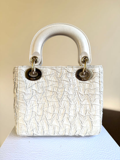 Pre-owned Dior Lady Dior Mini Off-White Eggshell Wrinkled Leather Bag