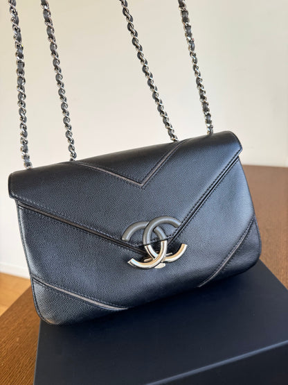 Pre-owned Chanel Marco Chevron Caviar Black Flap Bag