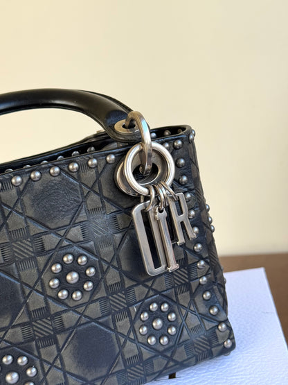 Pre-owned Dior Lady Dior Mini Studded Blacked Aged Calfskin Bag Limited Edition