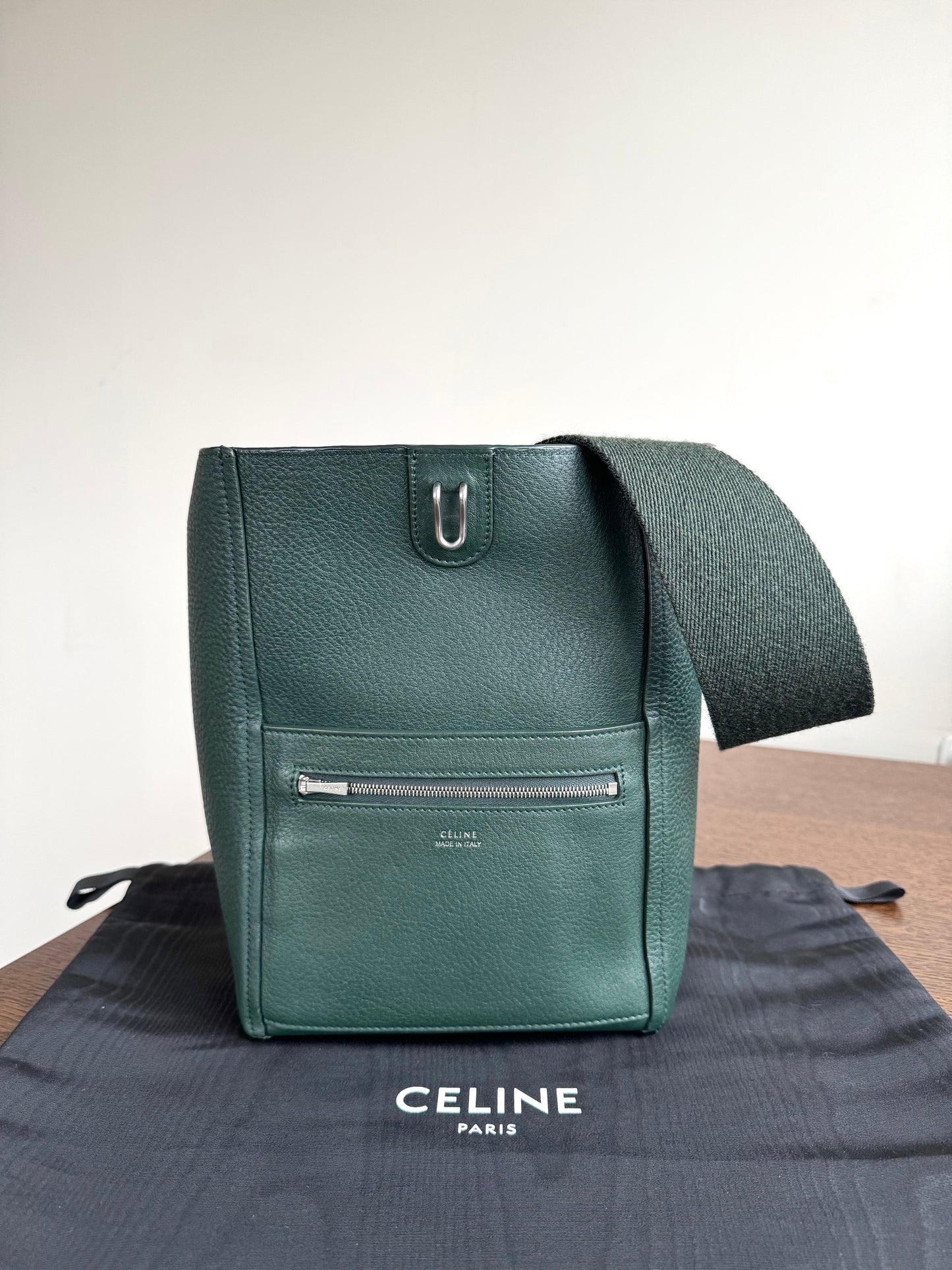 Pre-owned Céline Seau Sangle Small Dark Green Leather Tote Bag
