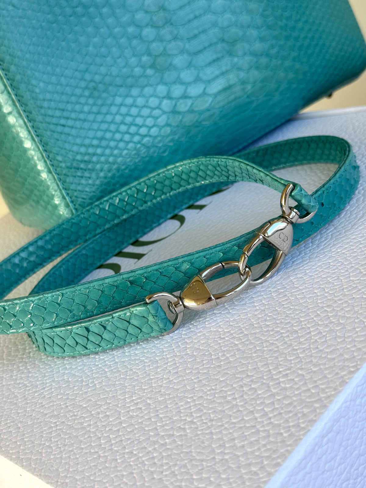 Pre-owned Dior Lady Dior Medium Tiffany Blue Python Bag
