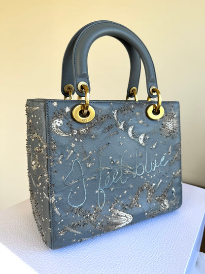 Pre-owned Dior Lady Dior Medium Grey Blue Embroidered Leather Bag