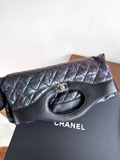 Pre-owned Chanel 31bag Large Black Purple Waxed Leather Tote Bag