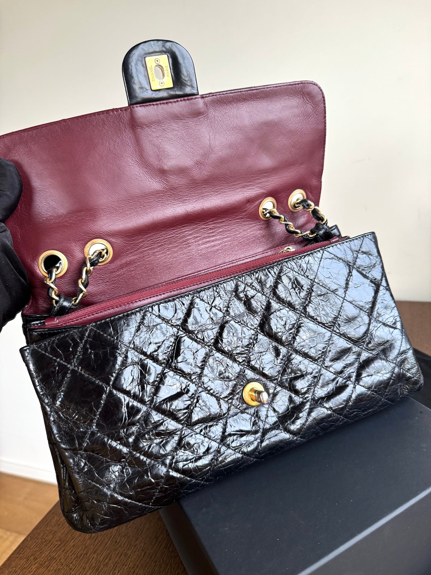 Pre-owned Chanel CC Black Waxed Leather Flap Bag