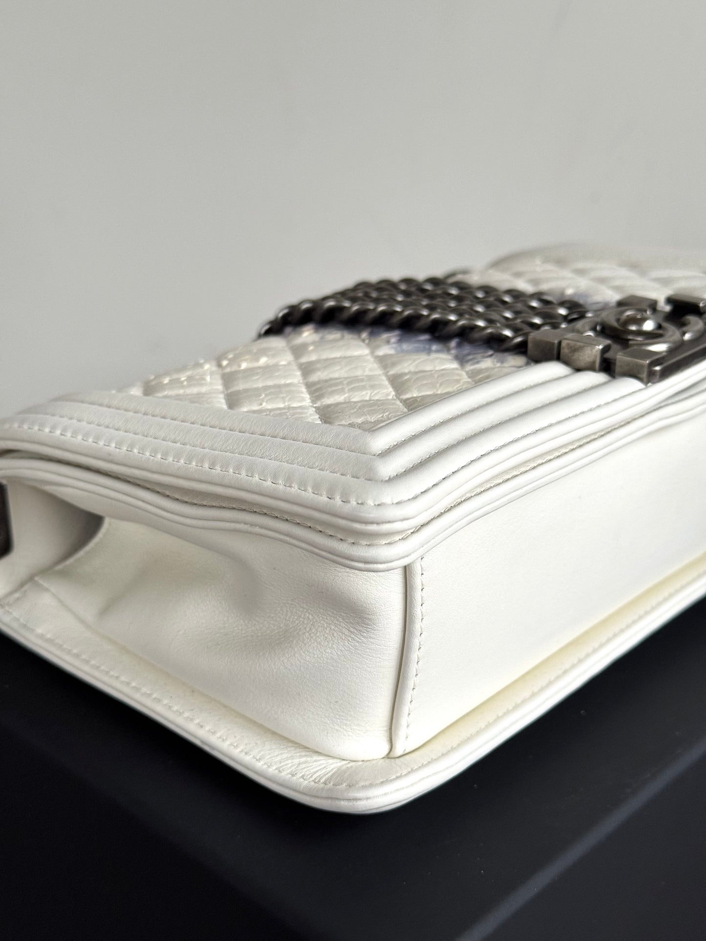 Pre-owned Chanel Boy Medium Off White Python Chain Around Flap Bag