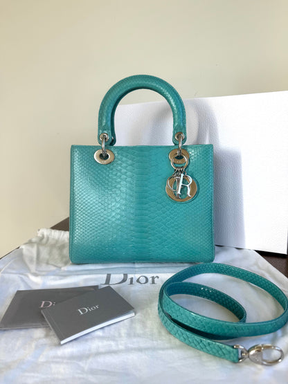 Pre-owned Dior Lady Dior Medium Tiffany Blue Python Bag
