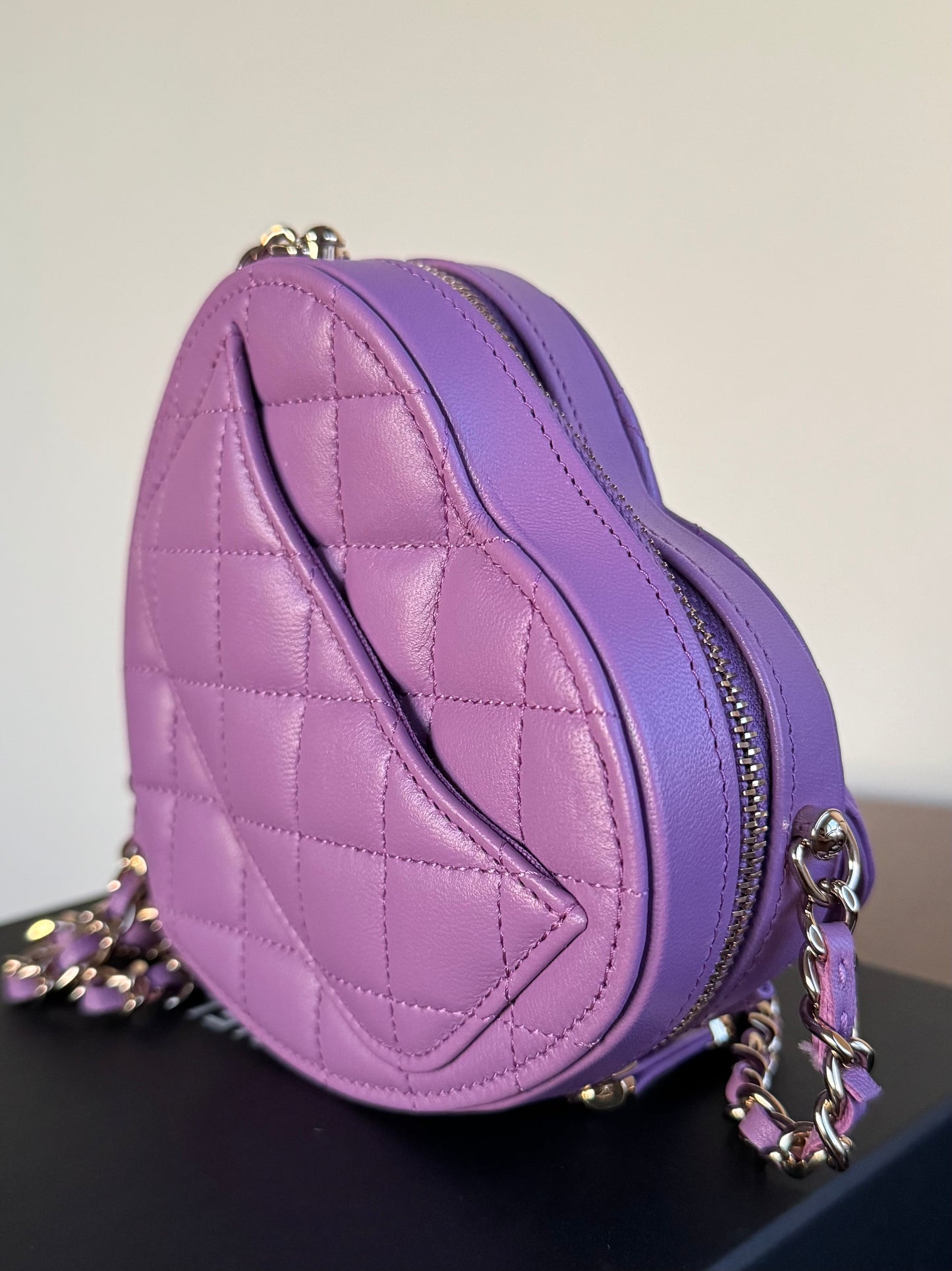 Pre-owned Chanel CC In Love Small Purple Leather Heart Bag