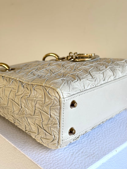 Pre-owned Dior Lady Dior Mini Off-White Eggshell Wrinkled Leather Bag