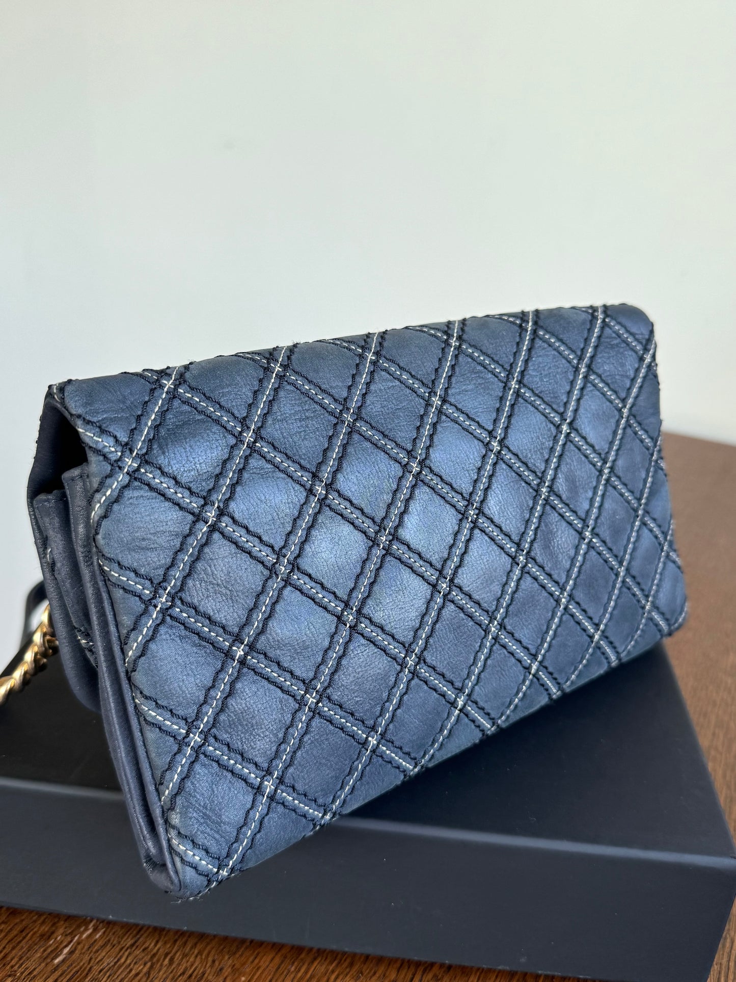 Pre-owned Chanel CC Stitch Quilted Blue Iridescent Leather Flap Bag