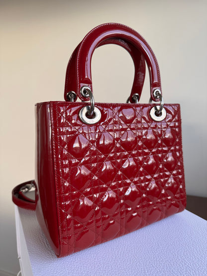 Pre-owned Dior Lady Dior Medium Burgundy Patent Leather Bag