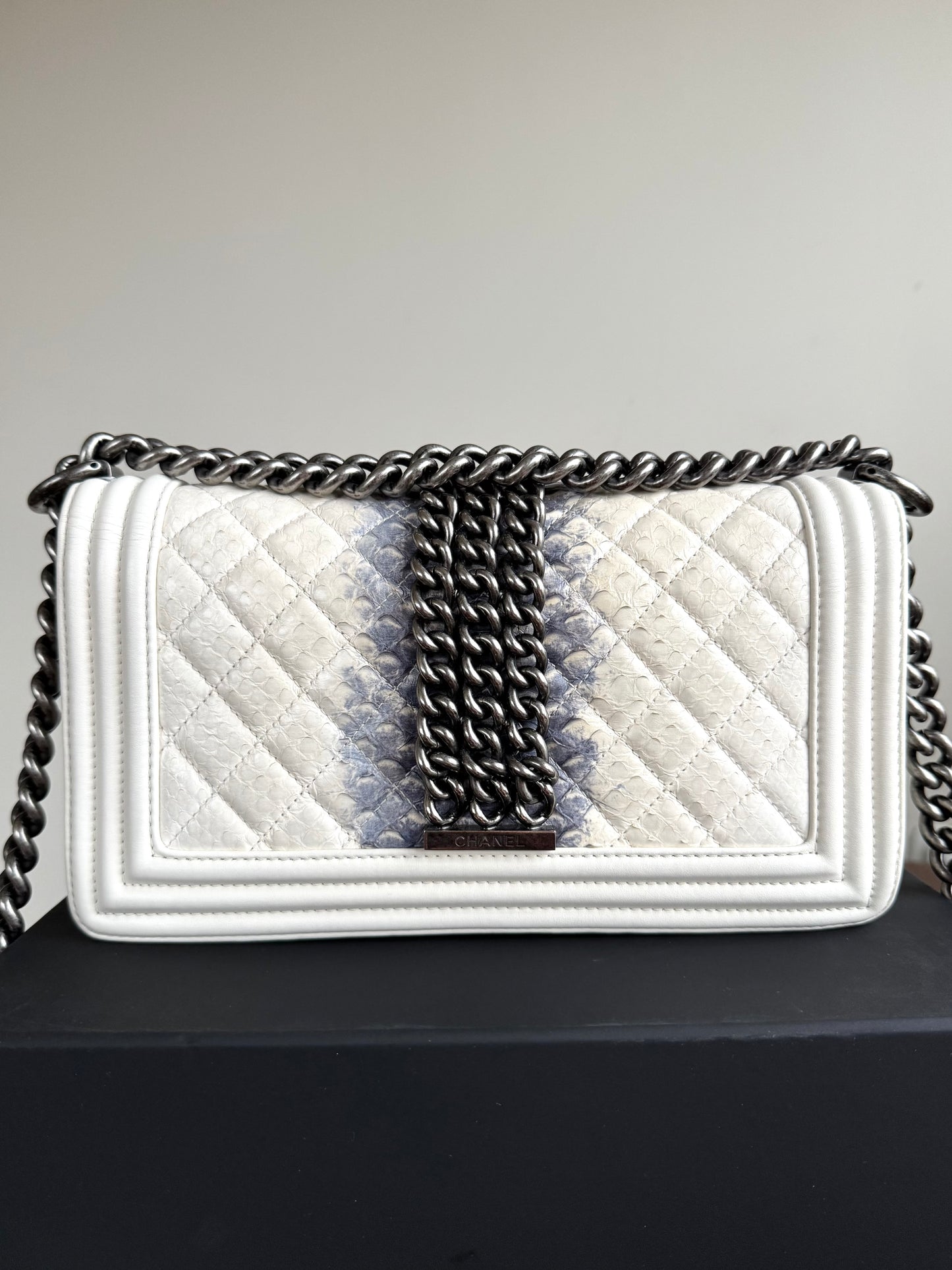 Pre-owned Chanel Boy Medium Off White Python Chain Around Flap Bag