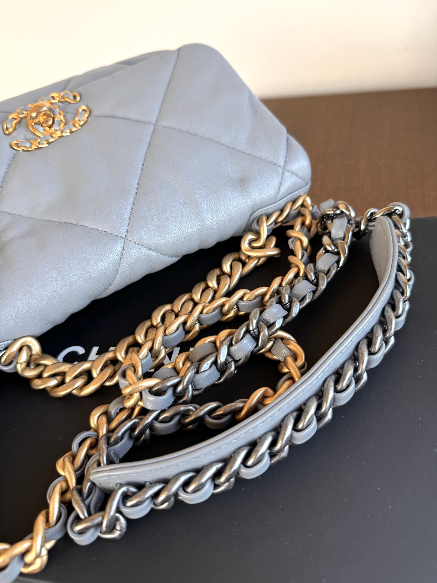 Pre-owned Chanel 19 Small Grey Lambskin Flap Bag