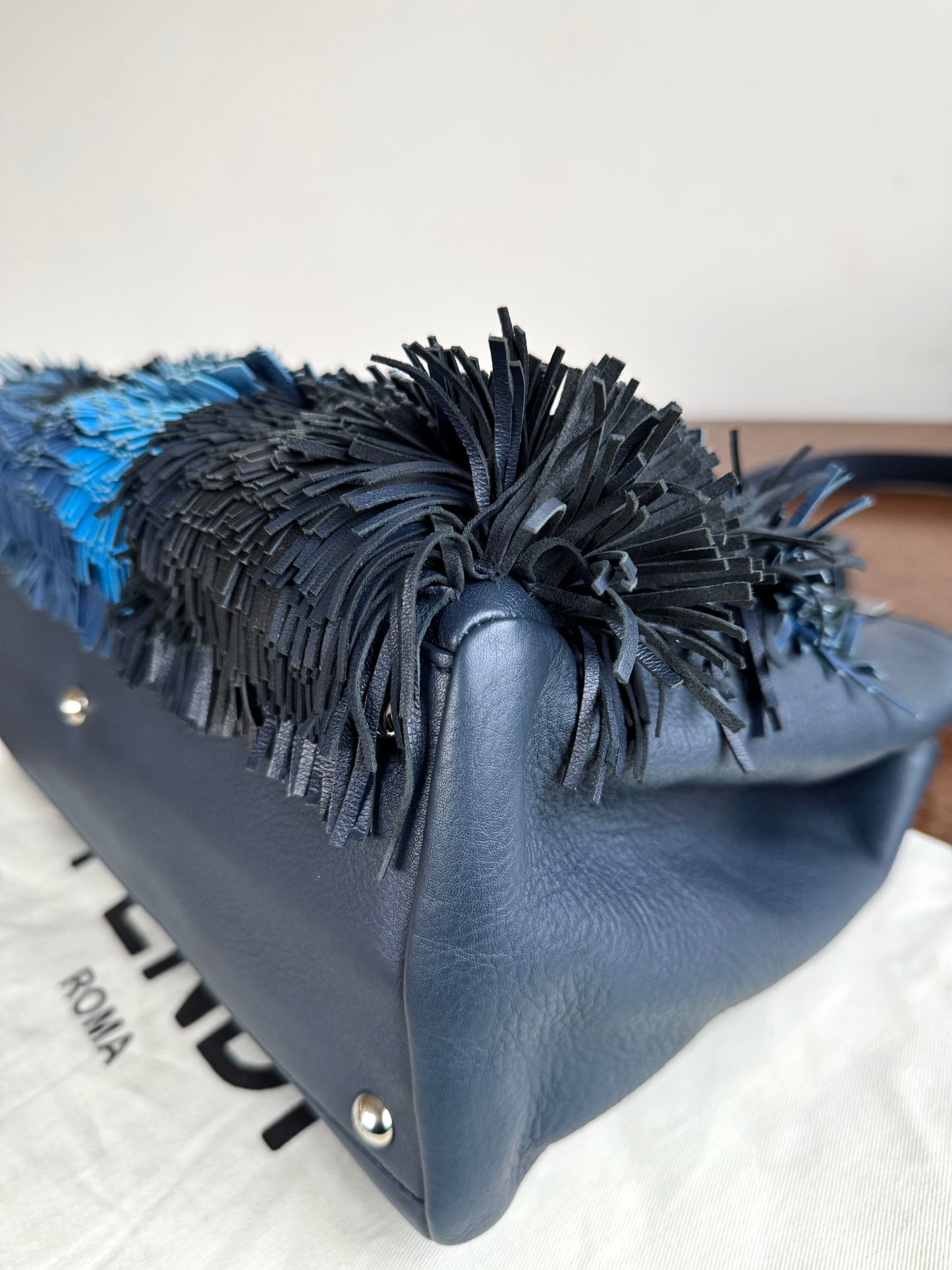 Pre-owned Fendi 2Jours Navy Blue Fringed Leather Bag