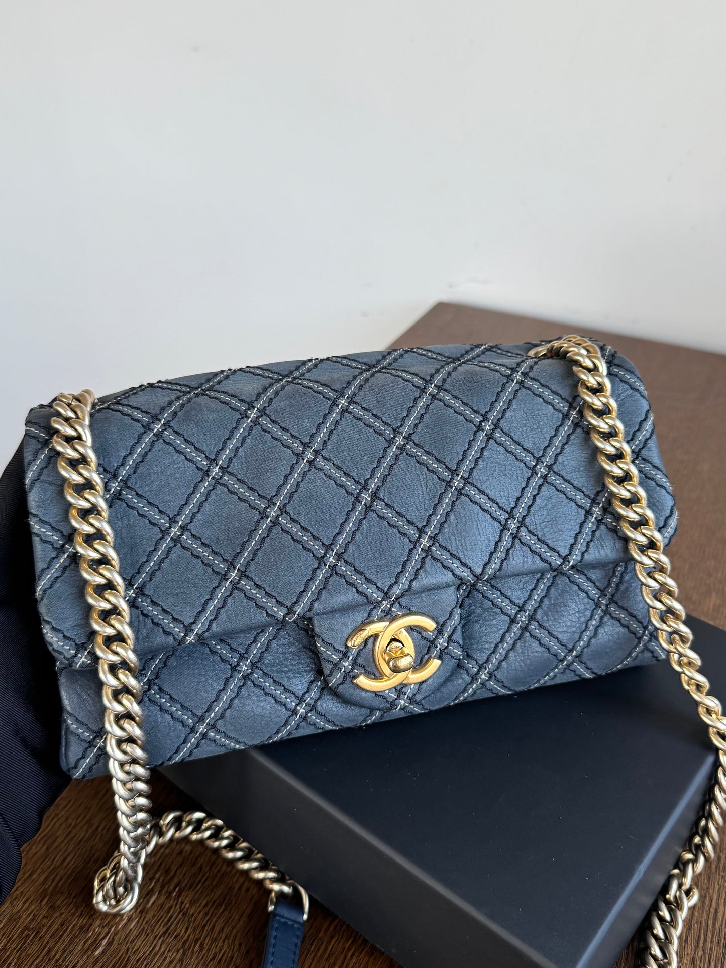 Pre-owned Chanel CC Stitch Quilted Blue Iridescent Leather Flap Bag