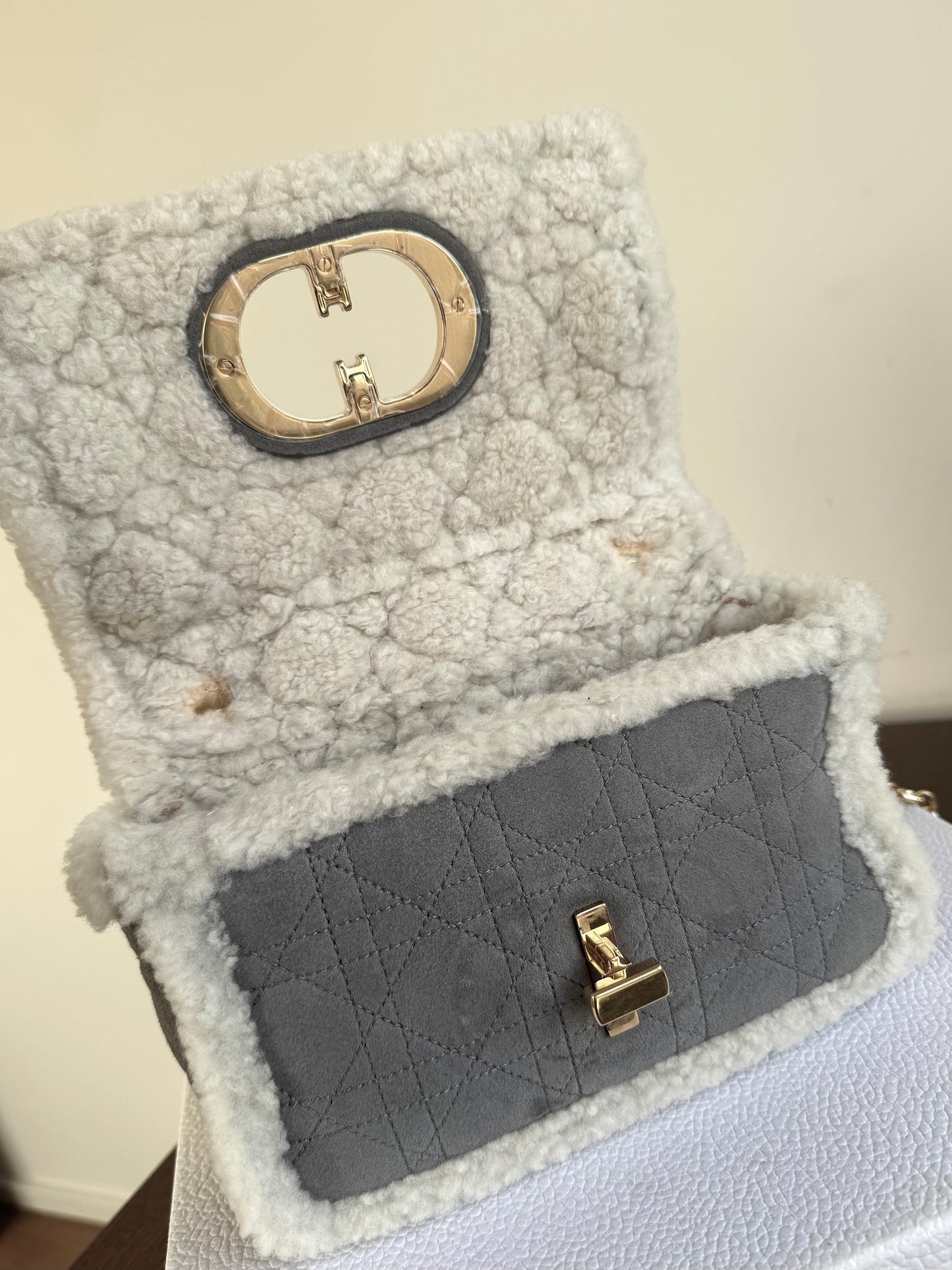 Pre-owned Dior Caro Small Grey Shearling Cannage Flap Bag