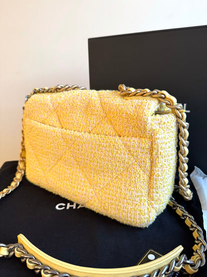Pre-owned Chanel 19 Small Yellow Tweed Flap Bag