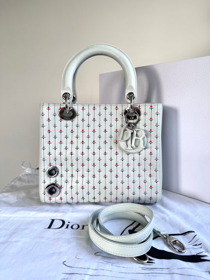 Pre-owned Dior Lady Dior Medium Baby Blue Embroidered Flower Calfskin Bag