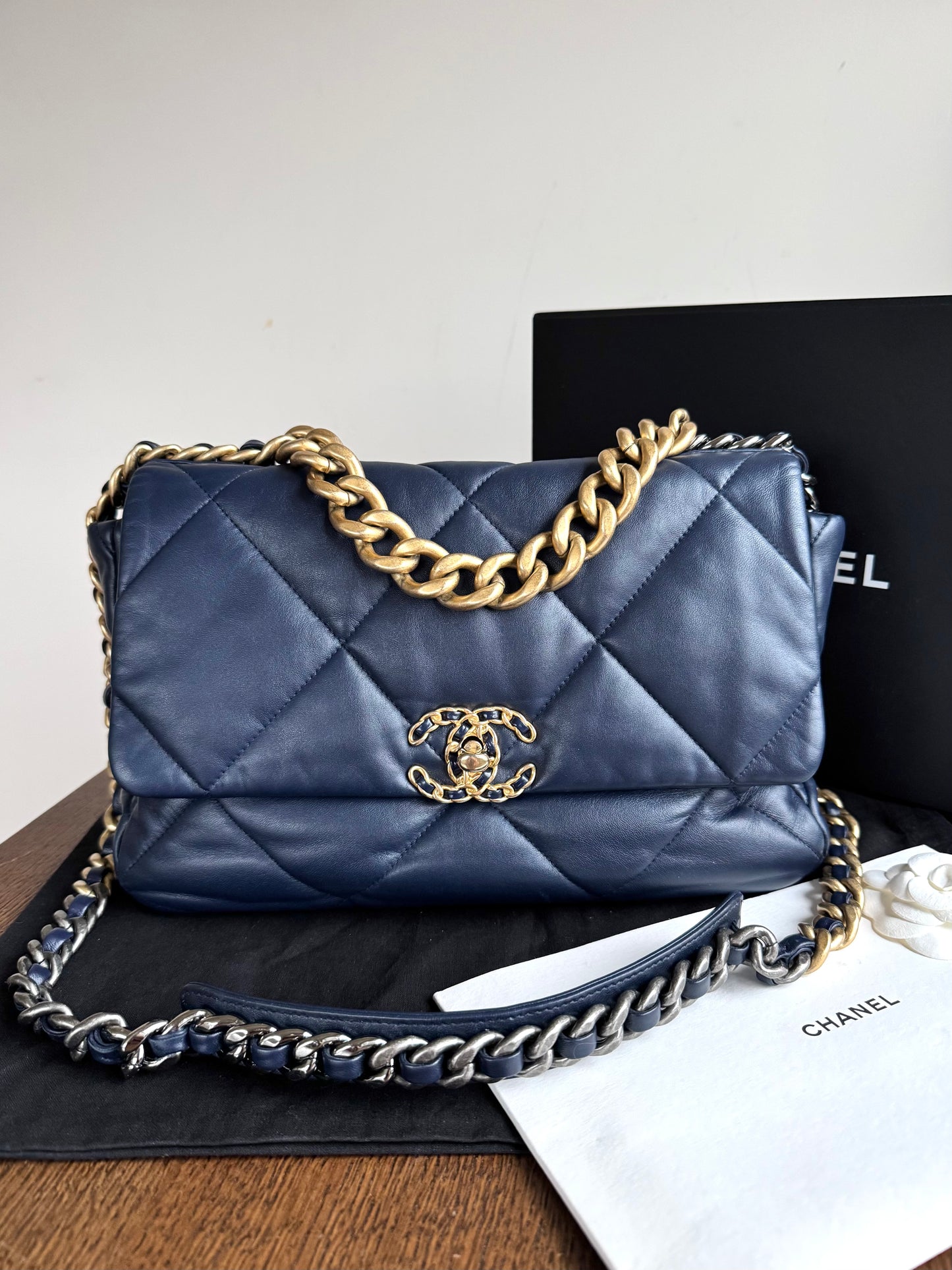 Pre-owned Chanel 19 Small Navy Lambskin Flap Bag