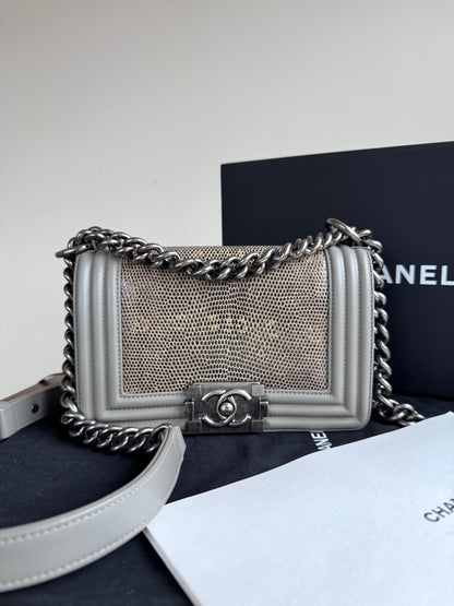 Pre-owned Chanel Boy Small Grey Lizard Leather Flap Bag