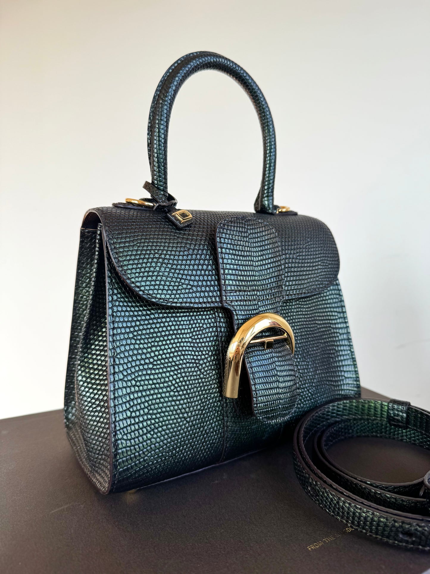 Pre-owned Delvaux Brillant Mini Metallic Dark Green Lizard Bag