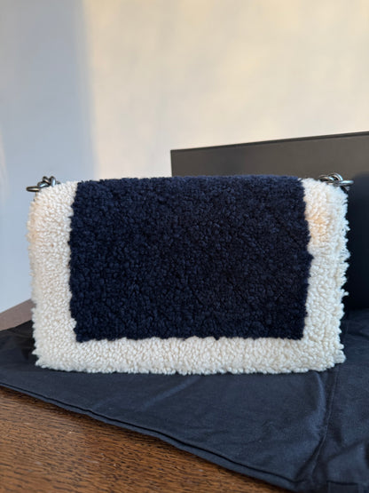 Pre-owned Chanel Boy Medium Shearling Navy White Flap Bag