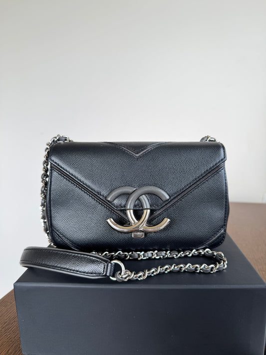Pre-owned Chanel Marco Chevron Mini Caviar Black Flap Bag