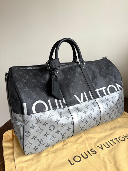 Pre-owned Louis Vuitton Keepall 50 Black Silver Eclipse Split Travel Bag