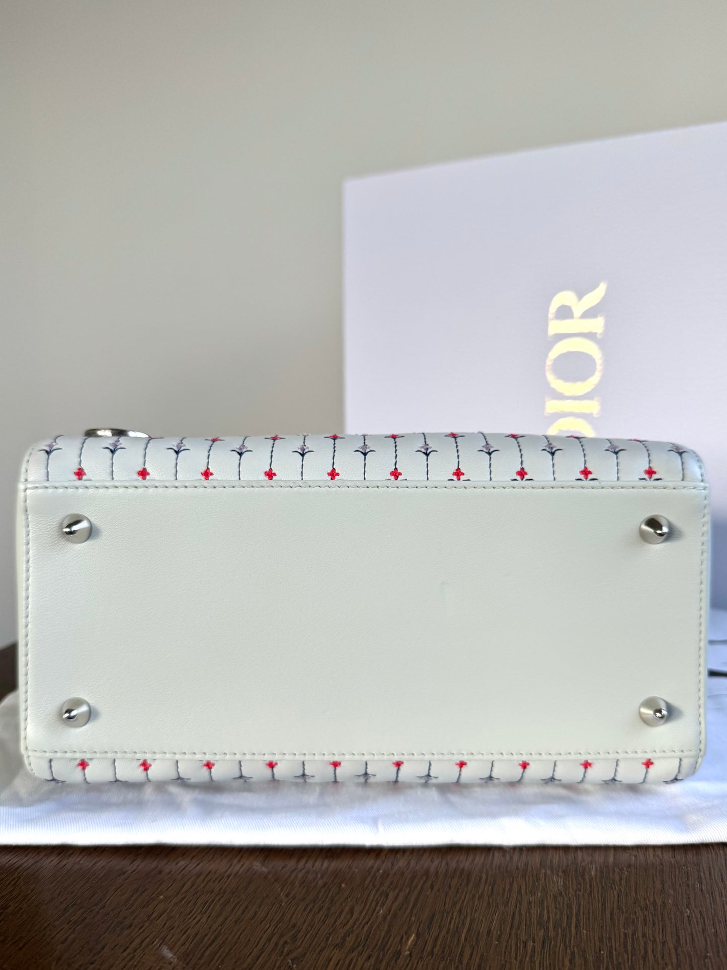 Pre-owned Dior Lady Dior Medium Baby Blue Embroidered Flower Calfskin Bag