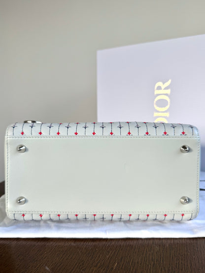 Pre-owned Dior Lady Dior Medium Baby Blue Embroidered Flower Calfskin Bag