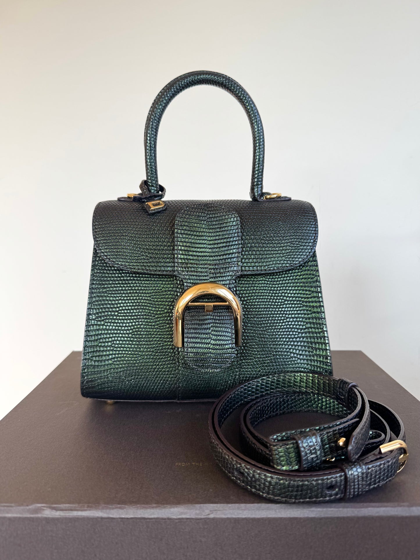 Pre-owned Delvaux Brillant Mini Metallic Dark Green Lizard Bag