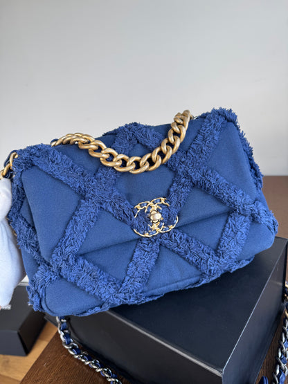 Pre-owned Chanel 19 Small Blue Canvas Flap Bag