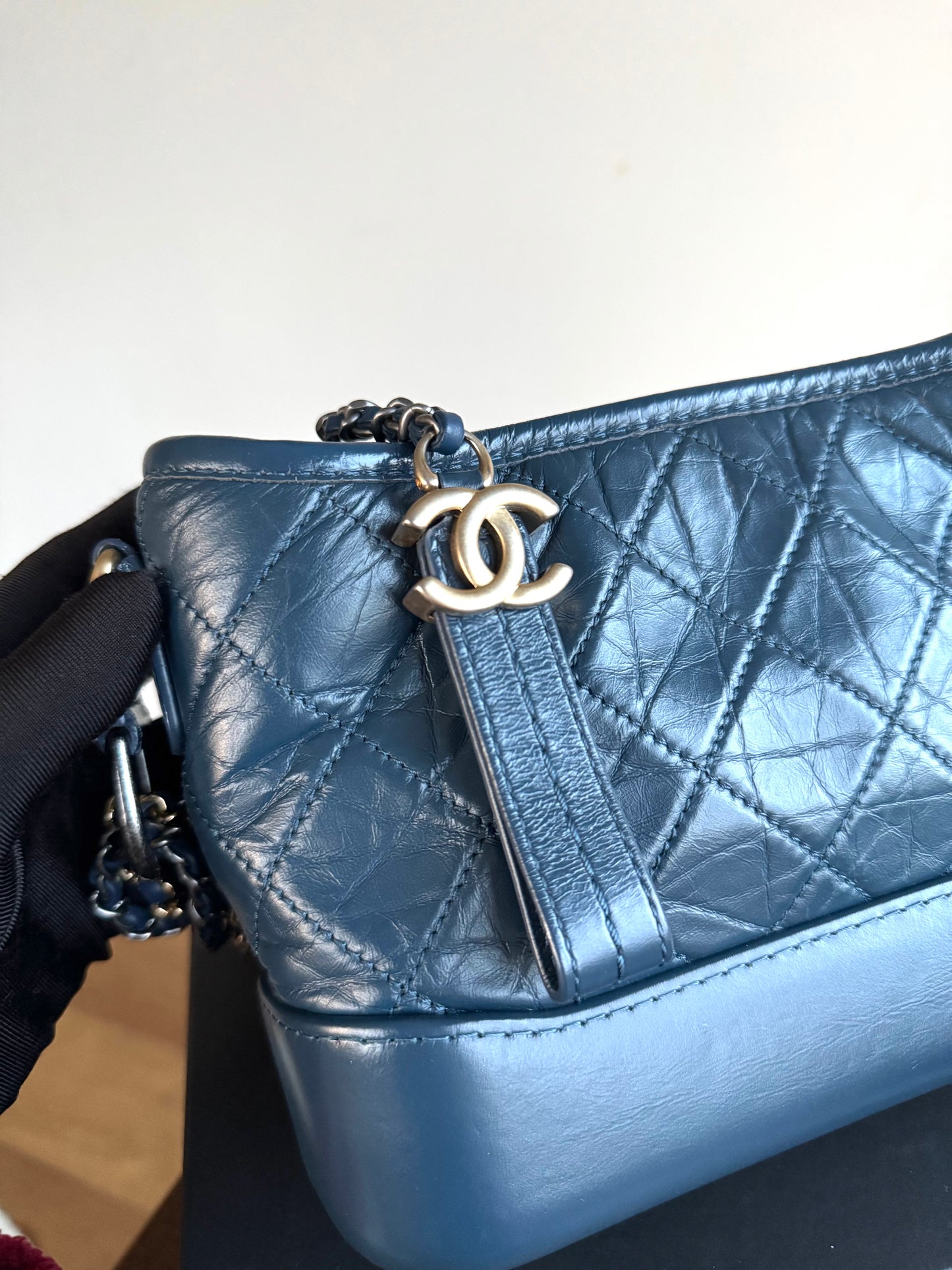 Pre-owned Chanel Gabrielle Small Marine Blue Leather Hobo Bag