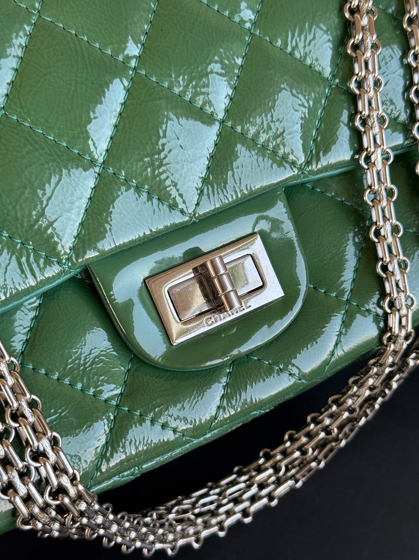 Pre-owned Chanel 2.55 Reissue Maxi 227 Dark Green Patent Leather Flap Bag