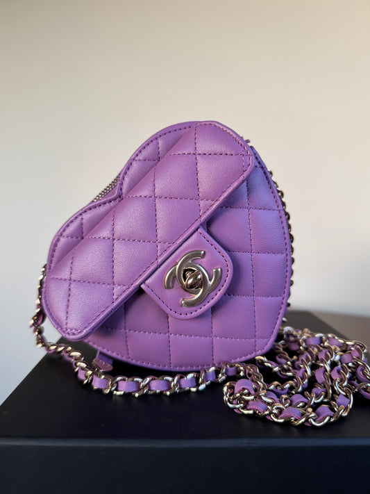 Pre-owned Chanel CC In Love Small Purple Leather Heart Bag