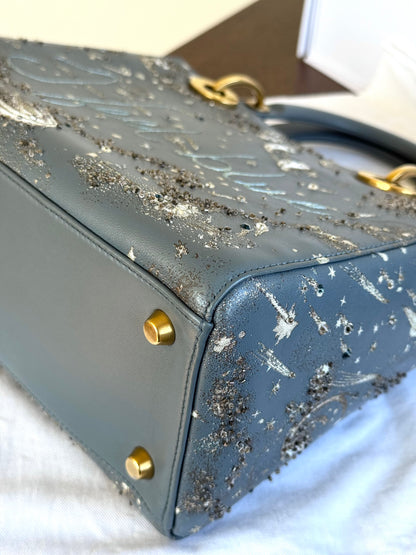 Pre-owned Dior Lady Dior Medium Grey Blue Embroidered Leather Bag