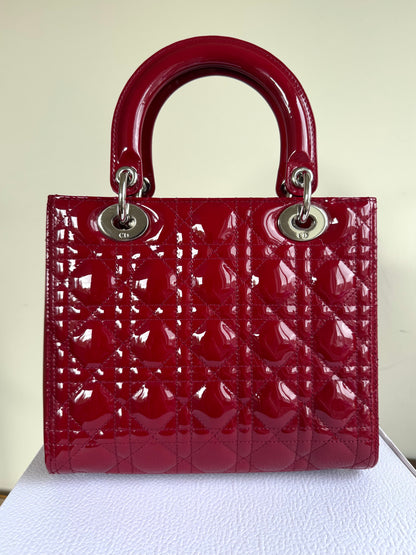 Pre-owned Dior Lady Dior Medium Burgundy Patent Leather Bag