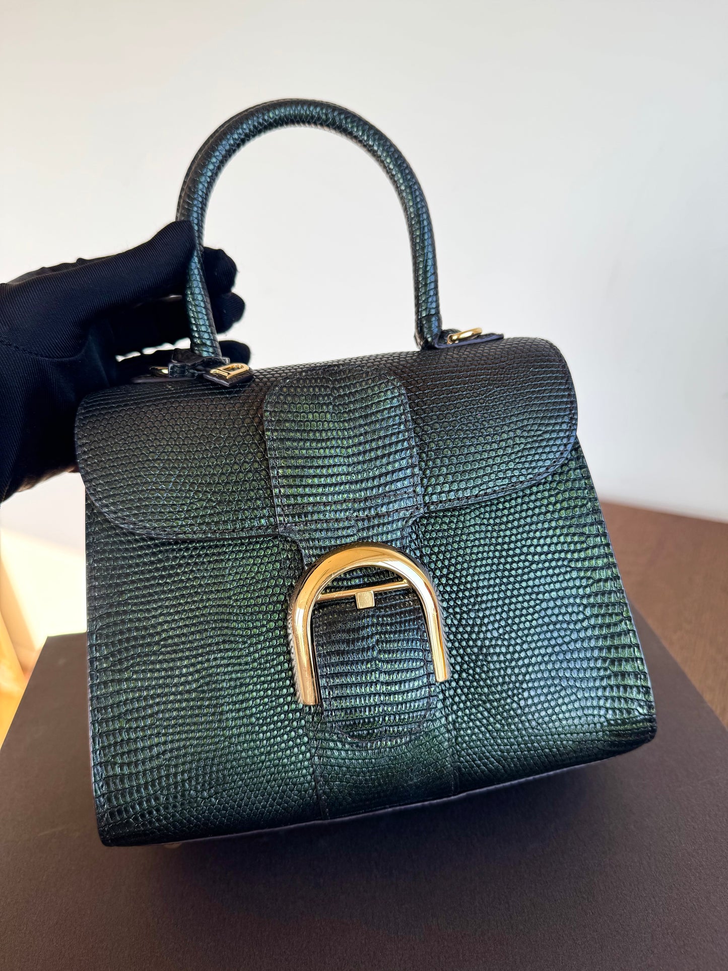 Pre-owned Delvaux Brillant Mini Metallic Dark Green Lizard Bag