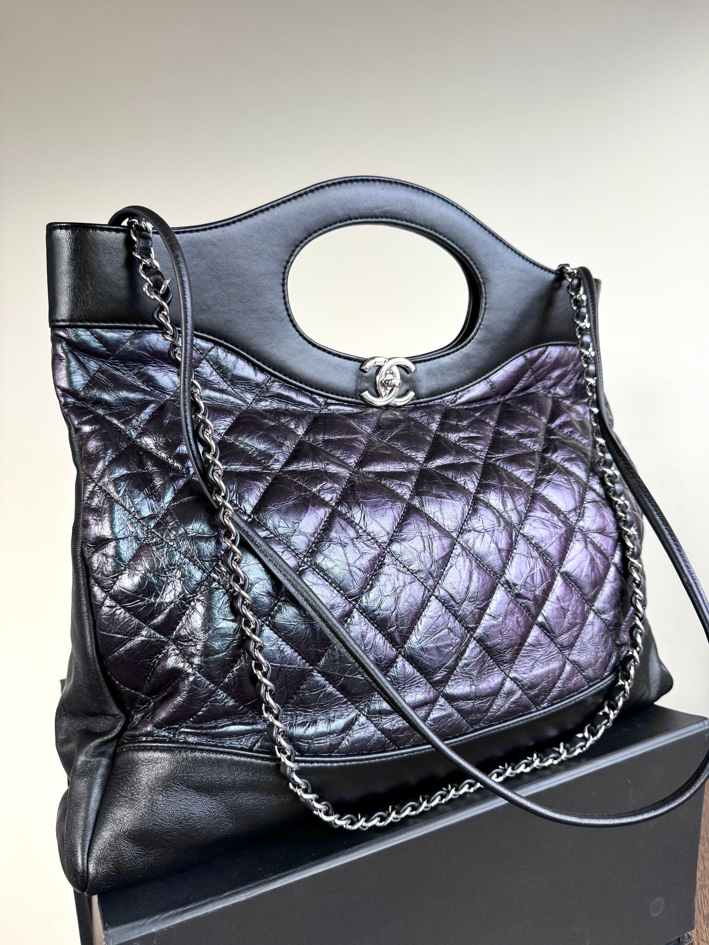 Pre-owned Chanel 31bag Large Black Purple Waxed Leather Tote Bag